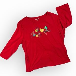 BRECKENRIDGE Red Embroidered Shirt Top Blouse L Bugs Butterfly Dragonfly